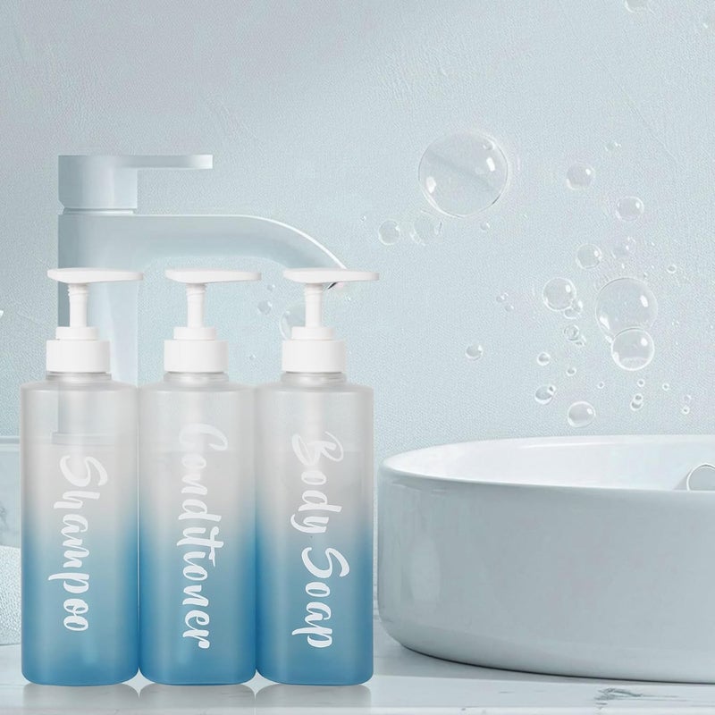 AUMIO Shampoo and Conditioner Dispenser Set of 3, 17oz Shower Soap Bottles with Permanent Label, Refillable Shampoo and Conditioner Dispensers for Bathroom, Gradient Frosted Blue Empty Bottles with Pump - Image 5